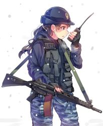 Rule 34 | 1girl, assault rifle, bad id, bad twitter id, camouflage, camouflage pants, daito, female service cap, gun, gun sling, hat, load bearing vest, military, military uniform, pants, rifle, solo, uniform, walkie-talkie, weapon
