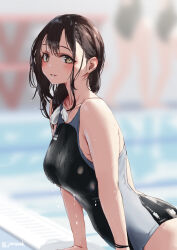 Rule 34 | 3girls, aya (jonsun), black one-piece swimsuit, blurry, blurry background, blush, breasts, brown eyes, brown hair, collarbone, commentary request, competition swimsuit, jonsun, looking at viewer, medium breasts, medium hair, multiple girls, one-piece swimsuit, original, parted lips, pool, smile, solo focus, swimsuit, twitter username, wet, wet clothes, wet swimsuit