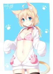 Rule 34 | 1girl, :o, ahoge, animal ears, artist name, bad id, bad twitter id, bell, black thighhighs, blonde hair, blue eyes, blush, bra, breasts, cat ears, cat tail, character request, choker, cleavage, collar, cowboy shot, hood, hooded sweater, jingle bell, long sleeves, navel, neck bell, open mouth, original, paw print, pink bra, ponytail, signature, sleeves past wrists, solo, sweater, tail, takehana note, thighhighs, underwear, unzipped, zipper