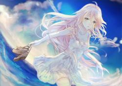 Rule 34 | 1girl, ahoge, blue eyes, braid, breasts, cleavage, cloud, dress, holding, holding shoes, ia (vocaloid), long hair, looking at viewer, off shoulder, pink hair, shoes, small breasts, soriku, twin braids, vocaloid, water, white dress