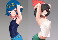 Rule 34 | 2girls, armpits, arms behind head, beanie, blue eyes, blue hair, blue pants, blush, bright pupils, commentary request, creatures (company), freckles, game freak, green shorts, gumakara, hairband, hat, lana (pokemon), looking at viewer, lower teeth only, multiple girls, nintendo, no sclera, one-piece swimsuit, open mouth, pants, pokemon, pokemon sm, red headwear, selene (pokemon), shirt, short hair, shorts, sweat, swimsuit, swimsuit under clothes, teeth, tongue, white pupils, yellow hairband