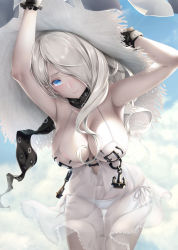Rule 34 | 10s, 1girl, abyssal ship, armpits, bikini, black gloves, blue eyes, blush, breasts, cleavage, closed mouth, day, detexted, dress, gloves, grey hair, hair over one eye, hat, kantai collection, large breasts, long hair, looking at viewer, outdoors, paint musume, seaport summer princess, see-through, solo, straw hat, sun hat, swimsuit, third-party edit, white bikini, white hair