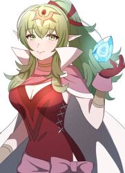 Rule 34 | 1girl, blush, bracelet, breasts, cape, cleavage, closed mouth, dragonstone, dress, fire emblem, fire emblem awakening, gloves, gmais2514, green eyes, green hair, hair between eyes, hair ornament, hair ribbon, high collar, highres, jewelry, long hair, looking at viewer, medium breasts, mixed-language commentary, nintendo, pink cape, pointy ears, ponytail, red dress, red gloves, red ribbon, ribbon, sidelocks, simple background, sleeveless, sleeveless dress, smile, solo, tiki (adult) (fire emblem), tiki (fire emblem), white background