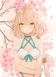 Rule 34 | 1girl, ahoge, bare shoulders, bikini, blonde hair, blush, bow, breasts, cleavage, collarbone, commentary request, fate/grand order, fate (series), green ribbon, hair between eyes, hair bow, highres, leaf, looking at viewer, medium breasts, okita j. souji (fate), okita j. souji (third ascension) (fate), okita souji (fate), okita souji (koha-ace), ribbon, short hair, sketch, solo, swimsuit, upper body, wavy mouth, white bikini, yellow eyes, younomiti