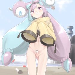 Rule 34 | 1boy, bar censor, beach, blue hair, blue pubic hair, blue sky, bottomless, censored, character hair ornament, clenched teeth, cloud, colored pubic hair, creatures (company), day, erection, game freak, genderswap, genderswap (ftm), hair ornament, highres, iono (pokemon), jacket, mars symbol, miyako (naotsugu), multicolored hair, navel, nintendo, ocean, outdoors, penis, phallic symbol, pink eyes, pink hair, pink pubic hair, pokemon, pokemon sv, pubic hair, sky, sleeves past fingers, sleeves past wrists, small penis, smile, standing, teeth, testicles, two-tone hair, two-tone pubic hair, yellow jacket