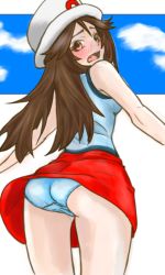 Rule 34 | 1girl, ass, bare shoulders, blue panties, blue shirt, blue sky, blush, breasts, brown eyes, brown hair, cameltoe, cloud, cowboy shot, creatures (company), day, embarrassed, fang, female focus, from behind, game freak, hat, highres, leaf (pokemon), long hair, looking at viewer, looking back, mal (malmlamal), matching hair/eyes, medium breasts, miniskirt, nintendo, nose blush, open mouth, outdoors, panties, pokemon, pokemon frlg, red skirt, shirt, simple background, skirt, sky, sleeveless, sleeveless shirt, solo, standing, underwear, white background, white hat