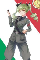 Rule 34 | 1girl, anchovy (girls und panzer), anzio (emblem), anzio military uniform, bad id, bad pixiv id, belt, black necktie, black ribbon, black shirt, commentary, dress shirt, drill hair, emblem, feet out of frame, girls und panzer, green hair, grey jacket, grey pants, hair ribbon, highres, jacket, long hair, long sleeves, looking at viewer, necktie, pants, red eyes, ribbon, riding crop, sakapan, sam browne belt, shirt, smile, solo, twin drills, twintails, wing collar