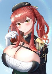 Rule 34 | 1girl, absurdres, azur lane, beret, black hat, blue background, breasts, capelet, center frills, cleavage, epaulettes, frills, gekisum, gloves, hat, highres, huge breasts, long hair, looking at viewer, red hair, skindentation, solo, upper body, white gloves, yellow eyes, zara (azur lane)