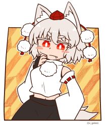 Rule 34 | 1girl, animal ear fluff, animal ears, artist name, bare shoulders, black skirt, blush stickers, border, breasts, bright pupils, closed mouth, fang, galvez, hat, inubashiri momiji, looking at viewer, medium breasts, pom pom (clothes), red eyes, ribbon-trimmed sleeves, ribbon trim, shirt, short hair, skirt, solo, tail, thick eyebrows, tokin hat, touhou, upper body, white border, white hair, white pupils, white shirt, white sleeves, wolf ears, wolf girl, wolf tail