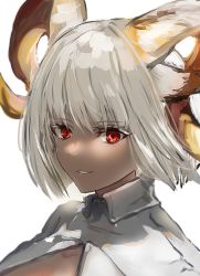Rule 34 | 1girl, animal ears, arknights, bad id, bad twitter id, breasts, carnelian (arknights), cleavage, closed mouth, commentary, dark-skinned female, dark skin, gawako, goat ears, goat horns, grin, highres, horns, long sleeves, looking at viewer, looking to the side, medium breasts, portrait, red eyes, short hair, silver hair, simple background, smile, solo, white background