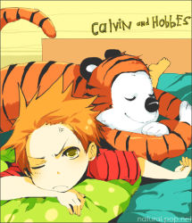 Rule 34 | 1boy, anger vein, animal ears, bed, blonde hair, brown eyes, calvin &amp; hobbes, calvin (calvin &amp; hobbes), closed eyes, hobbes (calvin &amp; hobbes), loveariddle, lying, on stomach, pillow, pout, shirt, short hair, shorts, spiked hair, striped clothes, striped shirt, tail, tiger, tiger ears, tiger tail