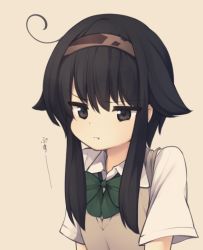 Rule 34 | 1girl, :t, ahoge, arms at sides, beige background, black eyes, black hair, blouse, closed mouth, hair between eyes, hair flaps, hairband, jitome, natsuki teru, original, pout, school uniform, shikibe ayaka, shirt, short hair with long locks, short sleeves, simple background, solo, sweater vest, upper body, white shirt