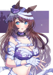 Rule 34 | 1girl, animal ears, bandaged arm, bandaged head, bandages, black choker, blue eyes, blue shirt, breast hold, breasts, brown hair, choker, cleavage, commentary, crop top, ear ornament, frilled choker, frills, gogat8, halloween, halloween costume, highres, horse ears, horse girl, large breasts, long hair, looking at viewer, midriff, official alternate costume, open mouth, own hands together, shirt, smile, solo, standing, super creek (chiffon ribbon mummy) (umamusume), super creek (umamusume), torn clothes, torn shirt, umamusume