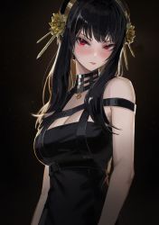 Rule 34 | 1girl, bare shoulders, black dress, black hair, blush, breasts, cleavage, dark background, dress, flower, gold, gold hairband, hair ornament, hairband, highres, lips, long hair, looking at viewer, maenoo, medium breasts, parted lips, red eyes, rose, sidelocks, sleeveless, sleeveless dress, solo, spy x family, upper body, v-shaped eyebrows, yor briar