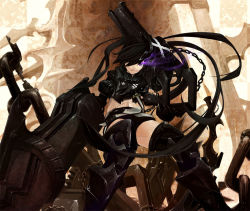 Rule 34 | 10s, 1girl, arm cannon, armor, belt, belt skirt, black hair, black rock shooter, boots, chain, gauntlets, glowing, glowing eyes, greaves, huge weapon, insane black rock shooter, long hair, midriff, nagi (nightmare-cat), nagi (pixiv1067194), purple eyes, scar, shorts, solo, stitches, sword, thighhighs, twintails, weapon