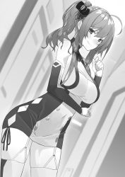 Rule 34 | 1girl, ahoge, azur lane, blurry, blurry background, breasts, cleavage, contrapposto, covered navel, cowboy shot, depth of field, dress, dutch angle, elbow gloves, garter straps, gloves, greyscale, highres, indoors, large breasts, long hair, monochrome, novel illustration, official art, ponytail, senmu (senmudayo), short dress, sidelocks, smile, solo, st. louis (azur lane), thighhighs