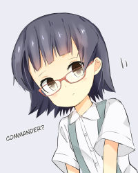 Rule 34 | 10s, 1girl, :&lt;, arare (kancolle), bespectacled, black hair, brown eyes, dress shirt, glasses, hard-translated, kantai collection, no headwear, ooyama imo, red-framed eyewear, shirt, short hair, short sleeves, silver background, simple background, solo, suspenders, third-party edit, translated