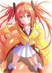Rule 34 | &gt; &lt;, 10s, 1girl, ahoge, aihara enju, black bullet, blush, boots, coat, dress, closed eyes, grin, hair ornament, hairclip, hand on own hip, highres, kazenokaze, long hair, long sleeves, looking at viewer, matching hair/eyes, orange eyes, orange hair, revision, silhouette, smile, solid oval eyes, solo, sparkle, standing, twintails, very long hair, zipper