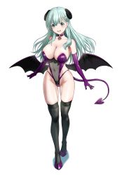 Rule 34 | 1girl, alternate costume, aqua eyes, aqua hair, black thighhighs, breasts, covered navel, demon girl, demon horns, demon tail, demon wings, elbow gloves, full body, gloves, hair ornament, hairclip, highres, horns, kantai collection, large breasts, leotard, long hair, mikan 29344886, purple gloves, simple background, solo, suzuya (kancolle), tail, thighhighs, white background, wings