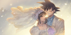 Rule 34 | 1boy, 1girl, :d, ^ ^, arms at sides, backlighting, bad id, bad pixiv id, black hair, blunt bangs, blush, bouquet, bow, bowtie, breasts, bridal veil, chi-chi (dragon ball), cleavage, clenched teeth, close-up, closed eyes, collarbone, couple, dragon ball, dragon ball (classic), dress, flower, formal, gradient background, hair bun, happy, hetero, hime cut, husband and wife, jewelry, libeuo (liveolivel), light particles, light rays, medium breasts, necklace, open mouth, pearl necklace, puffy short sleeves, puffy sleeves, purple flower, purple rose, rose, short sleeves, side-by-side, sidelocks, single hair bun, smile, son goku, spiked hair, suit, sunlight, teeth, tree, upper body, upper teeth only, veil, wedding dress, white dress, white neckwear, white suit