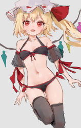 Rule 34 | 1girl, bikini, black bikini, black thighhighs, blonde hair, blush, bow, breasts, collarbone, crystal, detached sleeves, fangs, flandre scarlet, front-tie bikini top, front-tie bra, front-tie top, hat, highres, looking at viewer, mob cap, navel, one side up, open mouth, panties, puffy short sleeves, puffy sleeves, red bow, red eyes, red ribbon, reddizen, ribbon, short hair, short sleeves, side-tie bikini bottom, side-tie panties, simple background, sketch, small breasts, smile, solo, swimsuit, thighhighs, touhou, underwear, wings