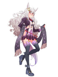 1girl ahoge animal_ears biwa_hayahide_(umamusume) black_footwear black_thighhighs bow bowtie breasts from_side full_body glasses grey_hair hair_between_eyes highres hip_vent horse_ears horse_girl horse_tail jacket large_breasts leg_up long_hair looking_at_viewer nishioki_tama purple_jacket purple_skirt red-framed_eyewear red_bow red_bowtie scarf semi-rimless_eyewear signature simple_background skirt solo tail thighhighs umamusume under-rim_eyewear very_long_hair wavy_hair white_background yellow_eyes