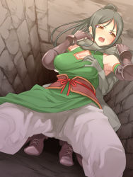 Rule 34 | 1girl, armpits, black hair, blush, boots, breast grab, breasts, cleavage, cleavage cutout, clothing cutout, feet, from below, goblin, goblin no gyakushuu 2, grabbing, grabbing from behind, groin, groping, hands up, high ponytail, highres, imminent rape, indoors, kinoshita (air hike), kneeling, legs, legs apart, long ponytail, medium breasts, open mouth, original, pants, ponytail, rape, solo focus, thighs, tile wall, tiles, upper teeth, wall, white pants, yellow eyes