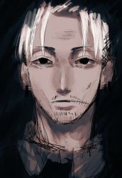 Rule 34 | 1boy, beard, black background, bonjindaaa, chainsaw man, collared shirt, earrings, facial hair, highres, jewelry, kishibe (chainsaw man), looking at viewer, male focus, scar, scar on face, shirt, simple background, solo, stubble, white hair