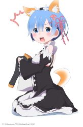 Rule 34 | 10s, 28aarts, ^^^, absurdres, animal ears, bare shoulders, blue eyes, blue hair, commentary request, detached sleeves, eyebrows, flower, hair between eyes, hair flower, hair ornament, highres, jacket, kemonomimi mode, looking at viewer, looking to the side, maid headdress, open mouth, pantyhose, re:zero kara hajimeru isekai seikatsu, rem (re:zero), seiza, short hair, simple background, sitting, solo, tail, white background, white pantyhose, x hair ornament