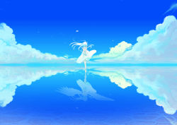 Rule 34 | 1girl, absurdres, angel wings, backless dress, backless outfit, blue sky, cloud, commentary request, day, different reflection, dress, floating hair, from behind, highres, infinite azure, long hair, original, outdoors, reflection, salar de uyuni, scenery, sky, solo, standing, standing on liquid, taro (8787suzuki), water surface, water world, white dress, white hair, wings