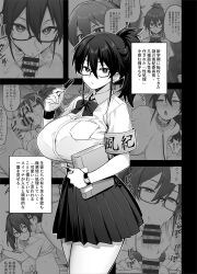 Rule 34 | 1girl, :&gt;=, armband, blush, book, bow, bowtie, breasts, collar, commentary request, cum, fellatio, glasses, greyscale, hetero, highres, holding, holding book, holding pen, kazama ritsuko, large breasts, leash, long hair, monochrome, oral, original, pen, pleated skirt, ponytail, school uniform, shirt tucked in, skirt, translation request, try (lsc), watch, wristwatch