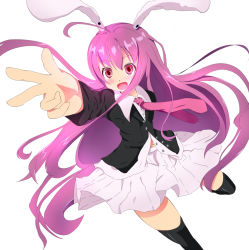 Rule 34 | 1girl, aa44, animal ears, blazer, female focus, foreshortening, jacket, long hair, necktie, purple eyes, purple hair, purple necktie, rabbit ears, reisen udongein inaba, simple background, skirt, solo, thighhighs, touhou, white background