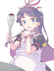 Rule 34 | 1girl, apron, blue eyes, blush stickers, bow, bowl, chocolate, commentary request, eyelashes, feli (puyopuyo), hairband, highres, holding, holding whisk, jazz grace, licking, licking finger, looking at viewer, pink bow, pink ribbon, puffy short sleeves, puffy sleeves, purple hair, puyopuyo, puyopuyo fever, ribbon, ribbon-trimmed hairband, short sleeves, simple background, solo, whisk, white apron, white background, white hairband, wrist cuffs
