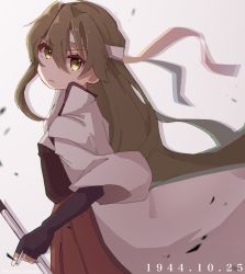 Rule 34 | 1944, 1girl, alternate hairstyle, bad id, bad twitter id, closed mouth, dated, elbow gloves, fingerless gloves, gloves, green eyes, green hair, grey background, hagino chihiro, hair between eyes, hair down, headband, highres, japanese clothes, jinbaori, kantai collection, long hair, muneate, official alternate costume, one-hour drawing challenge, simple background, solo, upper body, zuikaku (kancolle), zuikaku kai ni (kancolle)