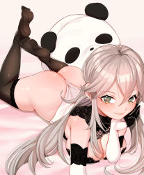 Rule 34 | 1girl, ass, bad id, bad pixiv id, bare shoulders, bed, black thighhighs, blush, breasts, cleavage, closed mouth, elbow gloves, feet up, gloves, green eyes, hair between eyes, hand on own cheek, hand on own face, large breasts, leotard, long hair, looking at viewer, lying, on stomach, original, secretbusiness, silver hair, smile, solo, strapless, strapless leotard, stuffed animal, stuffed panda, stuffed toy, thighhighs, very long hair, white gloves, white leotard