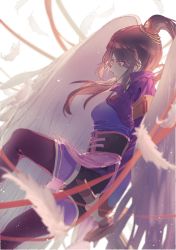 Rule 34 | 1girl, dress, expressionless, feathers, hair ornament, highres, hua jianghu zhi bei mo ting, leaning back, ponytail, reverse grip, shade, si kongqi (hua jianghu zhi bei mo ting), si kongqi zhuye, sword, weapon, weibo watermark, wings