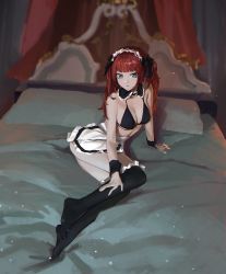 Rule 34 | 1girl, apron, bed, bikini, black bikini, black ribbon, black thighhighs, blue eyes, blunt bangs, blush, breasts, cleavage, closed mouth, frilled thighhighs, frills, full body, hair ribbon, highres, large breasts, logknn, long hair, looking at viewer, maid headdress, on bed, original, red hair, ribbon, sitting, solo, swimsuit, thighhighs, twintails, waist apron, white apron, wrist cuffs