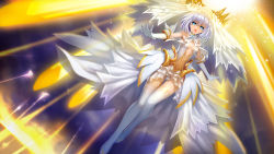 Rule 34 | 10s, 1girl, :o, bad id, bad pixiv id, blue eyes, brooch, cleavage cutout, clothing cutout, date a live, dress, dutch angle, flying, frills, gloves, highres, jewelry, outstretched arms, short hair, silver hair, sky, sleeveless, solo, spoilers, spread arms, thighhighs, tobiichi origami, veil, white dress, white gloves, white thighhighs, zhuore zhi hen