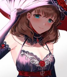 Rule 34 | 1girl, armpits, arms up, bare shoulders, blue eyes, blush, breasts, brown hair, cleavage, closed mouth, detached collar, dress, earrings, elbow gloves, flower, gloves, gradient background, grey background, hand on headwear, hat, idolmaster, idolmaster cinderella girls, idolmaster cinderella girls starlight stage, jewelry, lace, lace-trimmed dress, lace-trimmed gloves, lace trim, looking at viewer, medium breasts, medium hair, necklace, pearl necklace, pendant, pink lips, purple dress, purple gloves, purple hat, red flower, red rose, rose, sakuma mayu, silence girl, sleeveless, sleeveless dress, smile, solo, upper body