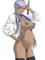 Rule 34 | 00s, 1girl, black thighhighs, breasts, code geass, dark-skinned female, dark nipples, dark skin, female pubic hair, fingernails, hand on own hip, hip focus, invide, jacket, jewelry, large breasts, lipstick, long hair, makeup, nipples, no bra, open clothes, open jacket, pendant, pregnant, pubic hair, side ponytail, silver hair, sleeves pushed up, solo, standing, sweatdrop, thighhighs, villetta nu, whistle, yellow eyes