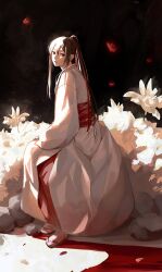 Rule 34 | 1girl, absurdres, bridal gauntlets, hakama, hakama skirt, high ponytail, highres, japanese clothes, jigokuraku, kimono, obi, red bridal gauntlets, red ribbon, red sash, ribbon, ribbon-trimmed bow, sash, skirt, solo, uqi32, white hakama, white kimono, yamada asaemon sagiri