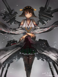 Rule 34 | 10s, 1girl, 2016, artist name, bare shoulders, blue eyes, boots, breasts, brown hair, cannon, dated, detached sleeves, green skirt, hairband, headgear, hiei (kancolle), japanese clothes, kantai collection, looking at viewer, machinery, nontraditional miko, one eye closed, pantyhose, ribbon-trimmed sleeves, ribbon trim, short hair, skirt, solo, thigh boots, thighhighs, toka (marchlizard), wide sleeves