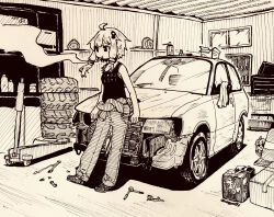 Rule 34 | 1girl, ahoge, alternate costume, car, cigarette, commentary request, creature, datsan, expressionless, full body, garage, hair ornament, hatching (texture), highres, indoors, jumpsuit, jumpsuit around waist, leaning back, leaning on object, looking away, mechanic, monochrome, motor vehicle, mouth hold, oil can, print tank top, sepia, short hair with long locks, smoke trail, smoking, solo, tank top, tire, tools, traffic cone, vehicle request, voiceroid, wrench, yuzuki yukari