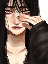 Rule 34 | 1girl, black hair, black nails, blue eyes, closed mouth, eye focus, eyeshadow, fingernails, hand up, highres, hoshi san 3, lipstick, long hair, long sleeves, looking at viewer, makeup, mole, mole under eye, mole under mouth, nail polish, original, portrait, red lips, sanpaku, simple background, sleeves past wrists, solo, white background