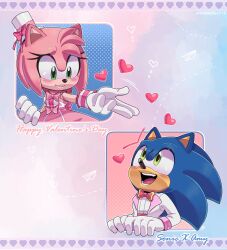 Rule 34 | 1boy, 1girl, absurdres, alternate costume, amy rose, animal ears, blue fur, blush, bow, bowtie, character name, charuzu2712, dress, english text, furry, furry female, furry male, gloves, green eyes, happy valentine, hat, heart, highres, jacket, looking at another, mini hat, mini top hat, open mouth, pink bow, pink bowtie, pink dress, pink fur, shirt, smile, sonic (series), sonic the hedgehog, teeth, top hat, white gloves, white headwear, white jacket, white shirt