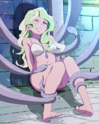 Rule 34 | 1girl, absurdres, angry, animeeru, arms behind back, barefoot, blue eyes, blush, bra, breasts, cleavage, clenched teeth, diana cavendish, feet, female focus, highres, indoors, knees together feet apart, leg grab, legs, little witch academia, long hair, looking at viewer, monster, multicolored hair, navel, nose blush, one eye closed, panties, rape, restrained, sitting, small breasts, teeth, tentacles, thighs, tile wall, tiles, toes, two-tone hair, underwear, underwear only, wall, white bra, white panties