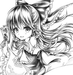 Rule 34 | 1girl, ascot, bad id, bad pixiv id, bow, detached sleeves, graphite (medium), greyscale, hair bow, hair tubes, hakurei reimu, lakestep55, long hair, looking at viewer, monochrome, parted lips, ponytail, skirt, skirt set, solo, touhou, traditional media, yin yang