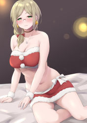 Rule 34 | 1girl, bed sheet, bell, blush, breasts, brown choker, choker, christmas, cleavage, collarbone, earrings, feet out of frame, glasses, green eyes, highres, jewelry, kantai collection, katori (kancolle), large breasts, light brown hair, long hair, navel, necklace, open mouth, pom pom (clothes), santa costume, sitting, smile, solo, takomeshi, wrist cuffs, yokozuwari