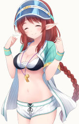 Rule 34 | 1girl, ^ ^, anz32, bad id, bad pixiv id, bikini, black bikini, blue hat, blush, braid, breasts, brown background, brown hair, cleavage, clenched hands, closed eyes, closed mouth, facing viewer, hands up, hat, jacket, long hair, medium breasts, misato (princess connect!), misato (summer) (princess connect!), open clothes, open jacket, pointy ears, princess connect!, see-through, short sleeves, shorts, sidelocks, single braid, smile, solo, split mouth, striped clothes, striped shorts, swimsuit, twitter username, vertical-striped clothes, vertical-striped shorts, very long hair, visor cap, white bikini, white jacket, white shorts