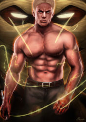 Rule 34 | 1boy, abs, alternate pectoral size, armored titan, bara, belt, blonde hair, blood, blood on hands, brown belt, commentary request, dagger, feet out of frame, grey pants, highres, holding, holding dagger, holding knife, holding weapon, knife, large pectorals, lightning, lips, looking at viewer, male focus, muscular, muscular male, navel, nipples, pants, pectorals, reiner braun, shingeki no kyojin, short hair, simi braun, solo, spoilers, stomach, titan (shingeki no kyojin), topless male, weapon